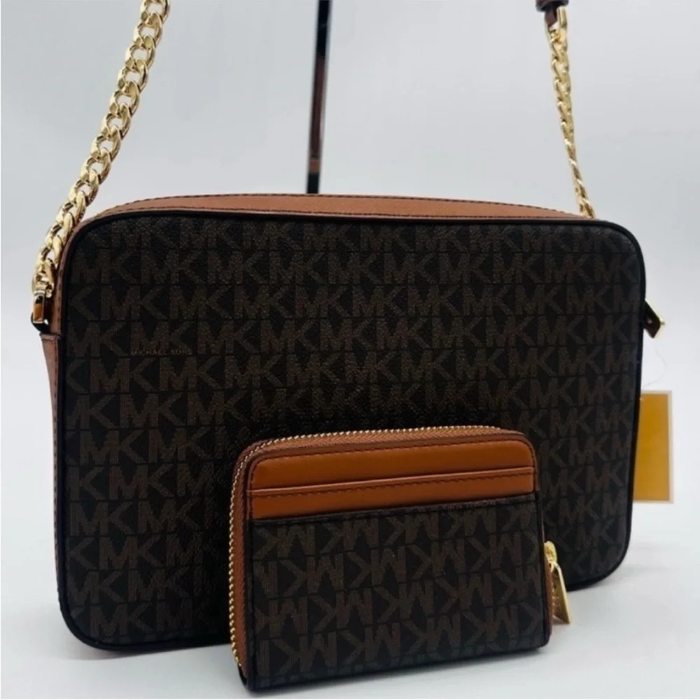 Michael Kors Large EW Crossbody Bag & Jet Set Travel ZA Card Case Wallet Brown - Picture 3 of 11